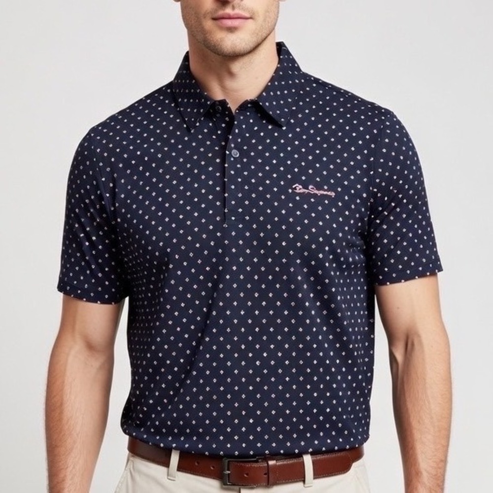 Ben Sherman Sport‎ Mens XXL Navy Blue Geometric Print Stretch Performance Polo